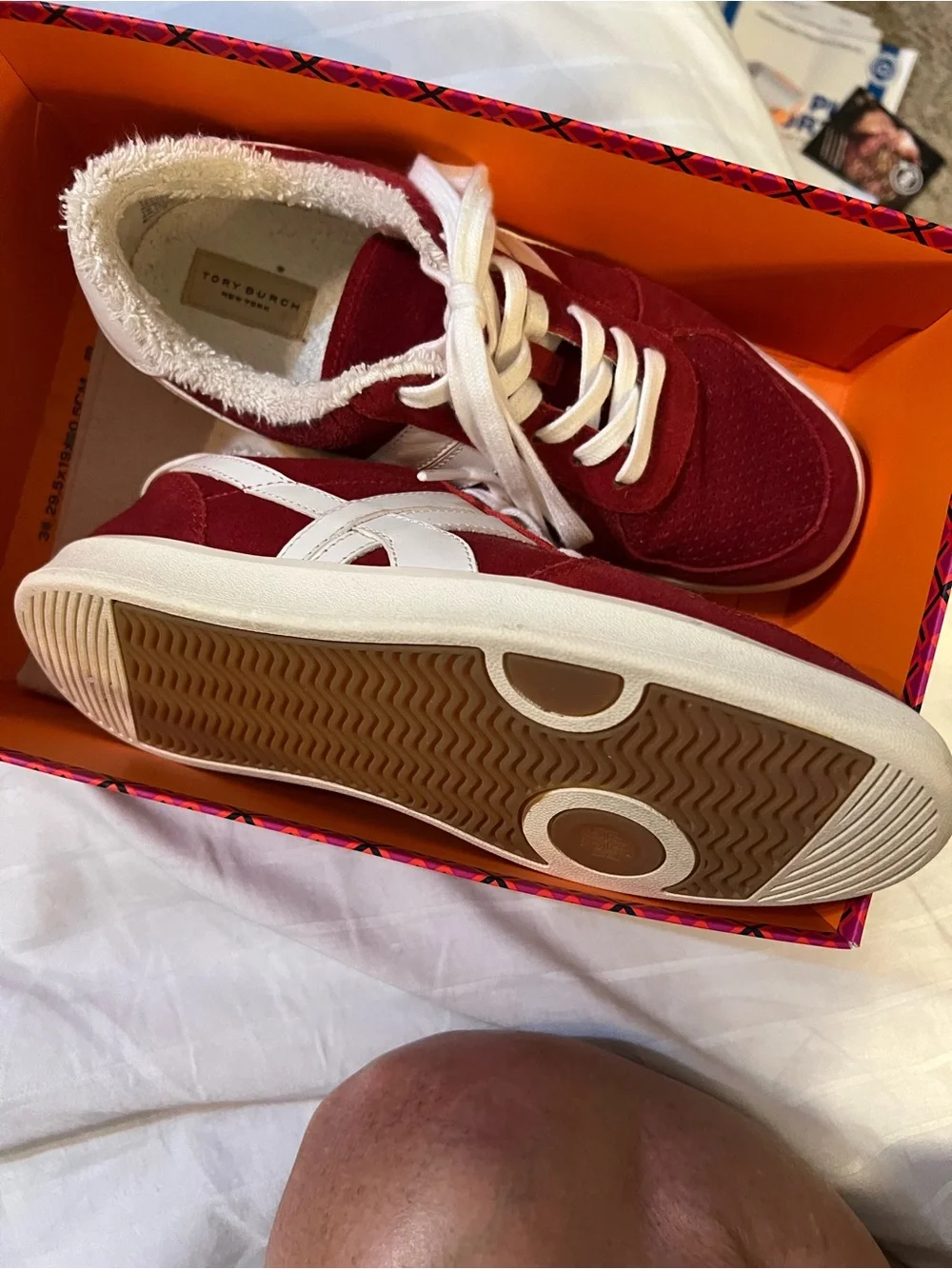 Tory Burch Red Suede Sneakers with White Trim